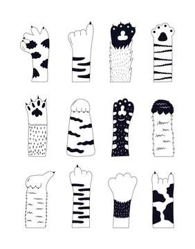 Cats paw vector set. Pet feet in hand drawn style. Paws of fluffy, pretty, fr Stock Illustration