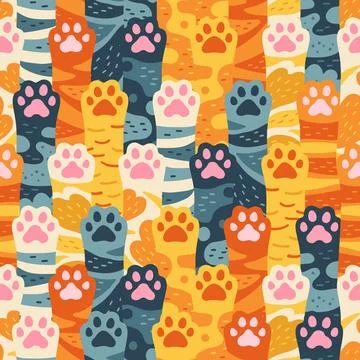 Cats paws cartoon seamless pattern palm cat kitten furry hands feet background Stock Illustration