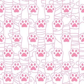 Cats paws footprint seamless pattern furry palm cat kitten pink on white vector Stock Illustration