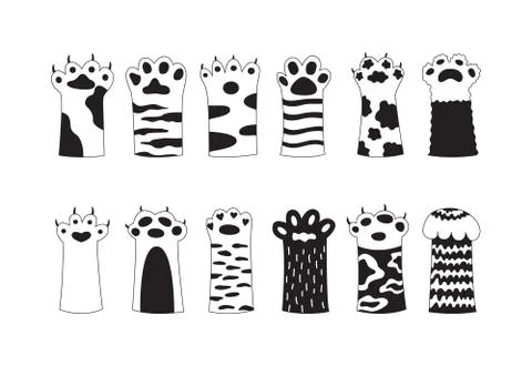 Cats paws with patterns and spots icons set sketch vector illustration isolated. イラスト素材