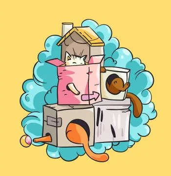 Cats playing with a cardboard boxes Stock Illustration