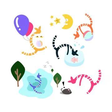 Cats playing set using for kids fun and cute wallpaper vector illustration Stock Illustration