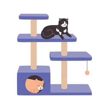 Cats rest in a luxurious cat tower. A cat tree with a scratching post, a toy and Stock Illustration
