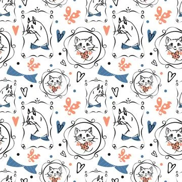 Cats, retro frames vector seamless pattern. Comic cartoon hand drawn Illustrazione stock