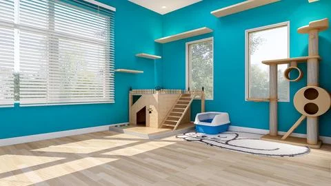 Cat's room interior in blue wall with cat house and cat condo Stock Illustration