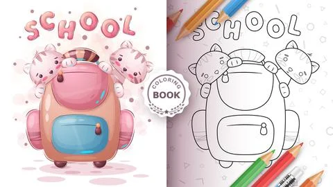 Cats at school - coloring page Stock Illustration