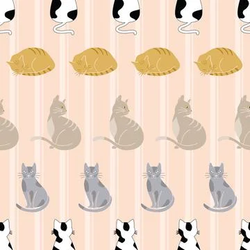 Cats seamless pattern on beige striped background Stock Illustration