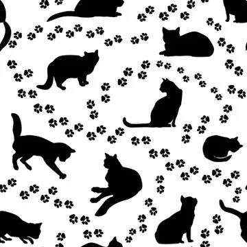 Cats seamless pattern. Kitten silhouette and animal tracks pattern Stock Illustration