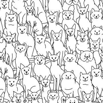 Cats seamless pattern vector black white domestic pedigree pets set contour Stock Illustration