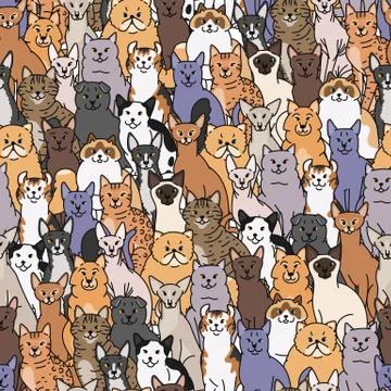 Cats seamless pattern vector domestic pedigree pets contour sketch background. Stock-Illustration