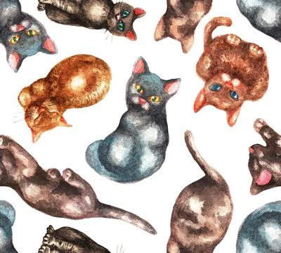 Cats. Seamless pattern. Watercolor (2) Stock Illustration