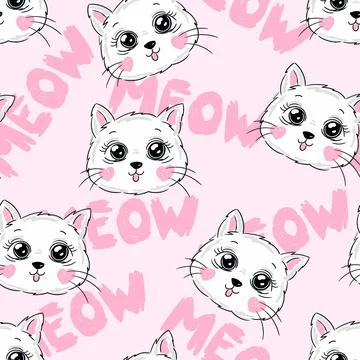 Cats seamless vector pattern, cute white cat head and MEOW quote. White cats and Stock Illustration
