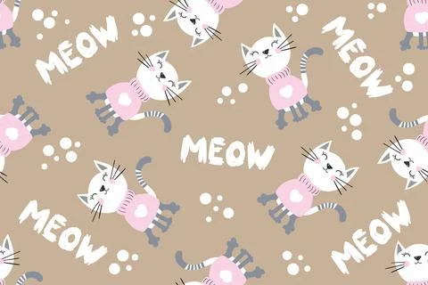 Cats seamless vector pattern, cute white cat, paw prints and meow quote. White Illustrazione stock