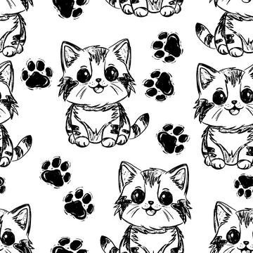 Cats seamless vector pattern, cute kitten with paw print. Stock Illustration