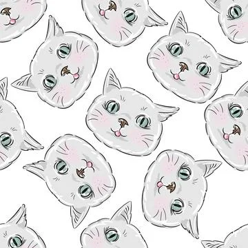 Cats seamless vector pattern on white background. Cute hand drawn kitten faces. Stock-Illustration