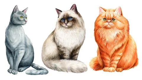 Cats set hand drawing on an isolated white background. Animal watercolor Stock Illustration