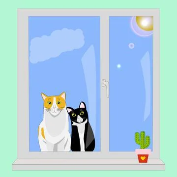 Cats sit outside the window and watch Stock Illustration
