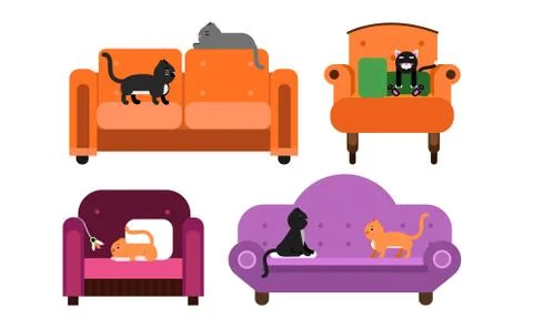 Cats Sitting and Sleeping on Soft Armchair and Sofas Vector Set Illustrazione stock
