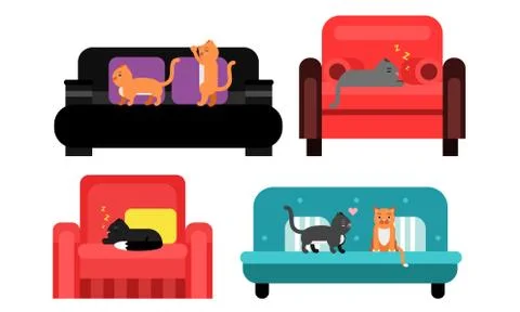 Cats Sitting and Sleeping on Soft Armchair and Sofas Vector Set 库存插图