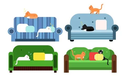 Cats Sitting and Sleeping on Soft Sofas Vector Set 库存插图