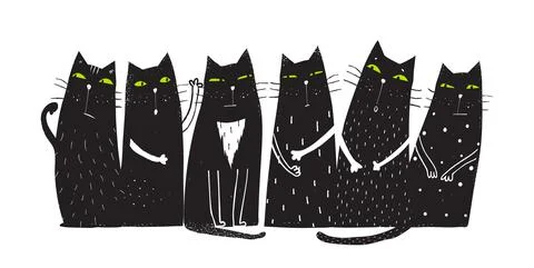 Cats Sitting Togeter in Row Cute Pets Design Stock Illustration