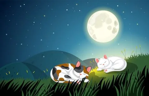 Cats Sleeping Peacefully Under the Moon Stock Illustration