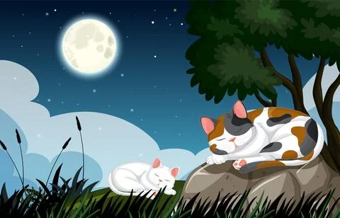 Cats Sleeping Peacefully Under Moonlight Stock Illustration