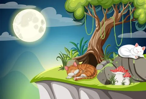 Cats Sleeping Under the Moonlight Stock Illustration