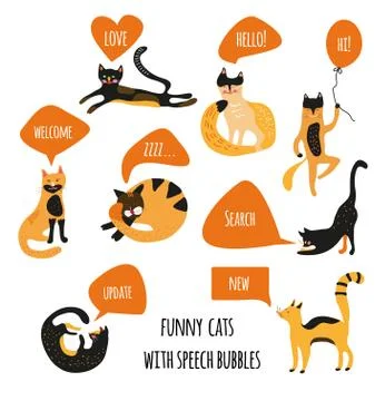 Cats with speech bubbles  web design elements in cute style. Vector graphic i 스톡 일러스트
