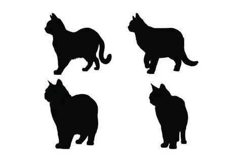 Cats standing and walking in different positions silhouette set vector. Dom.. Stock Illustration