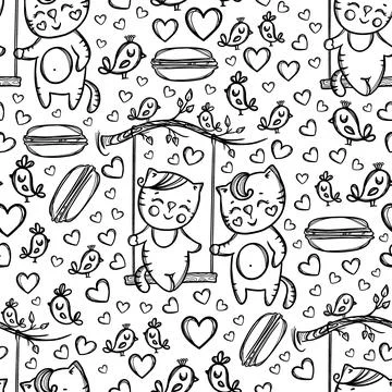 CATS ON SWING Valentine Seamless Pattern Vector Illustration Stock Illustration