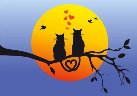 Cats on tree branch, vector Stock Illustration