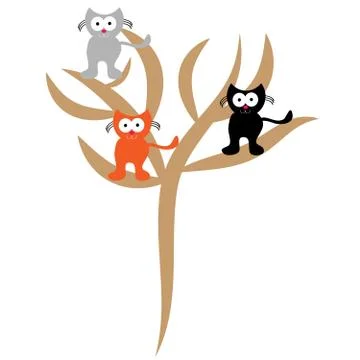 Cats on tree on white background Stock Illustration