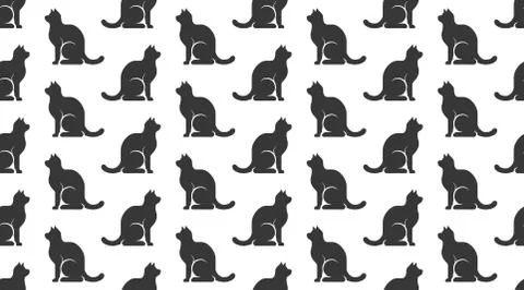 Cats vector seamless pattern with flat icons. Black sitting kitten silhouette on Illustrazione stock