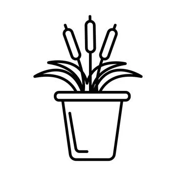 Cattails in pot icon linear logo mark in black and white Stock Illustration