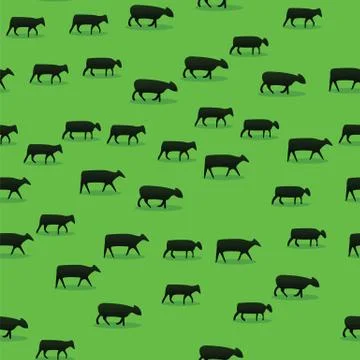 Cattle walking on green field pattern background. Sheep, goats, cows and grazing Illustration