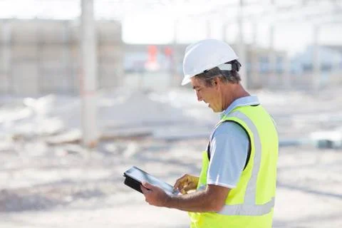 Caucasian architect using digital tablet at construction site Stock Photos