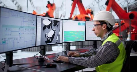 Caucasian Automotive Engineer Developing Innovative Electric Robotic Auto Ass Stock Photos