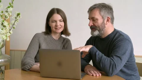 Caucasian Beard Middle Aged Man Talking With Attractive Woman About New Project. Stock Footage 153805913