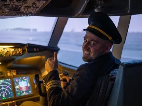Caucasian bearded man smiling while driving a flight simulator. Pilot in the Stock Photos
