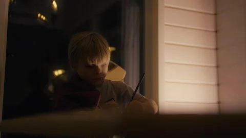 Caucasian blond boy doing homework at night Stock Footage 302773798