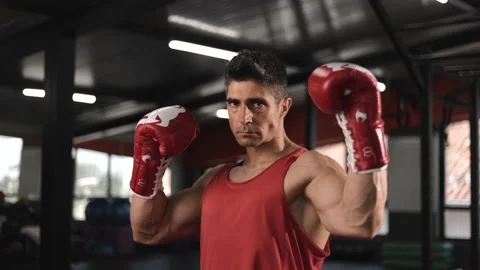 Caucasian Boxer Man Fighting Or Posing In Gloves On Ring Stock Footage 201404754