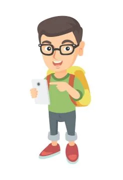 Caucasian boy with backpack pointing at cellphone. Illustrazione stock