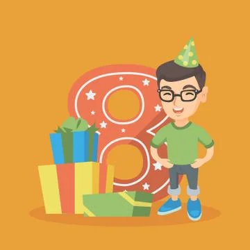 Caucasian boy celebrating eighth birthday. Stock Illustration