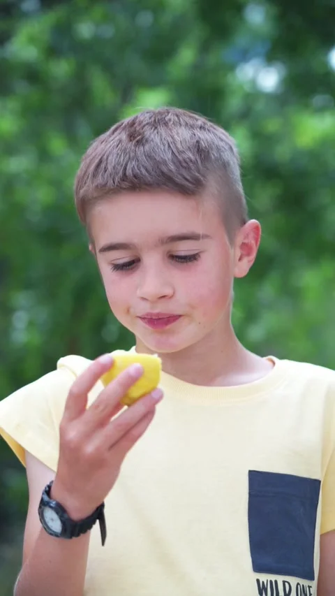 Caucasian boy eating a lemon Stock Footage 277352339