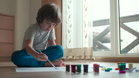Caucasian Boy Having Fun Paints Picture On Paper, Being Creative Artist. Chil Stock Footage 201199096