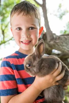 Caucasian boy holding rabbit Stock Photos