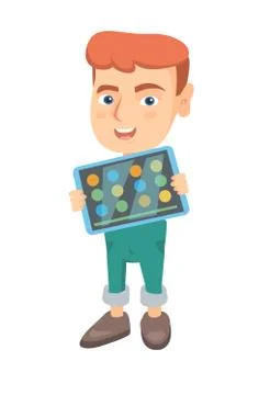 Caucasian boy playing game on a tablet computer. Stock Illustration