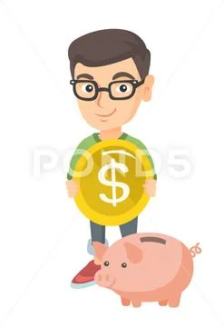 Caucasian boy putting a coin into a piggy bank. Stock Illustration