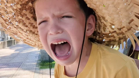 Caucasian boy shouting. Temper tantrum. Child shaking his head. Stock-Footage 255582882